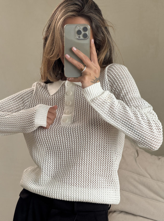 Трикотажний джемпер поло з ажурною вʼязкою молочний THE LACE (TLA_00003454)