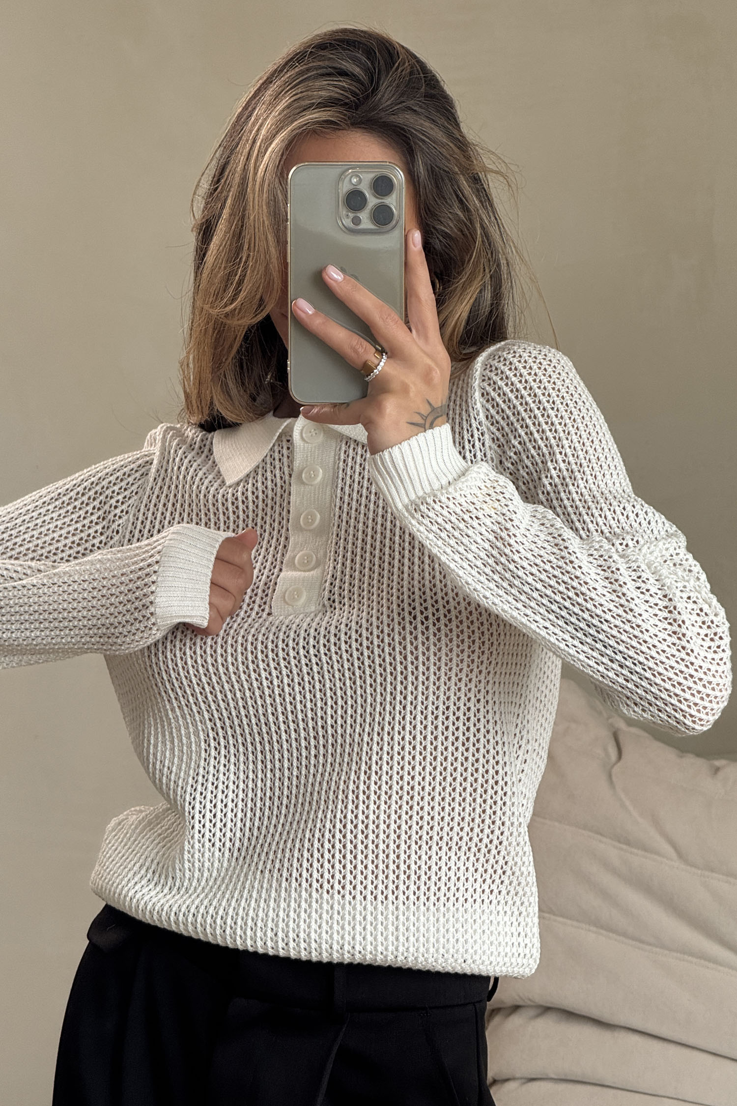 00003454-2 Трикотажний джемпер поло з ажурною вʼязкою молочний THE LACE (TLA_00003454) - фото 2