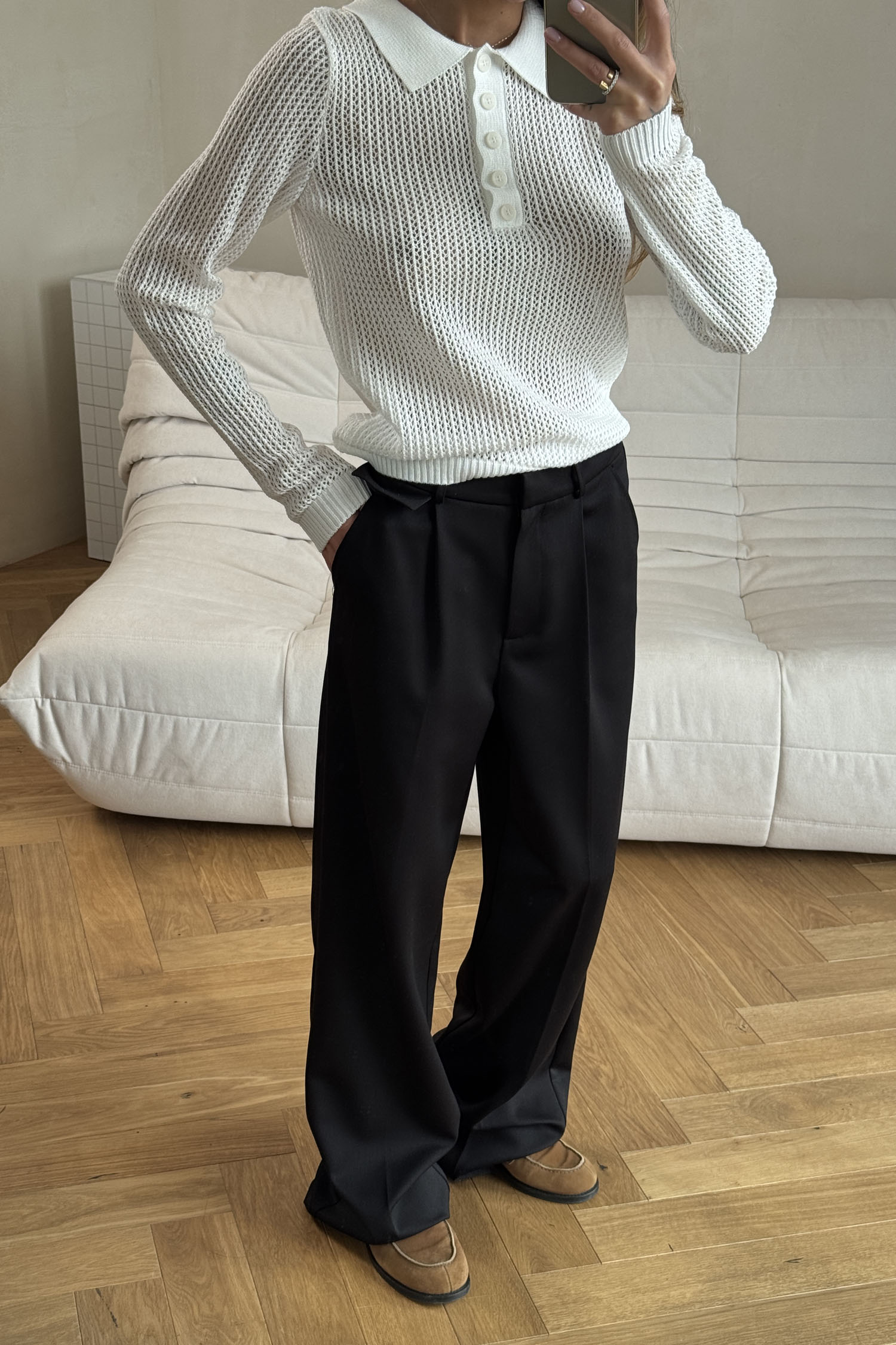 00003454-4 Трикотажний джемпер поло з ажурною вʼязкою молочний THE LACE (TLA_00003454) - фото 4