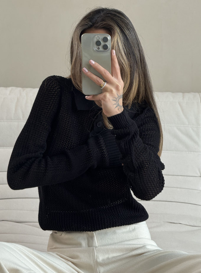 Трикотажний джемпер поло з ажурною вʼязкою чорний THE LACE (TLA_00003455)