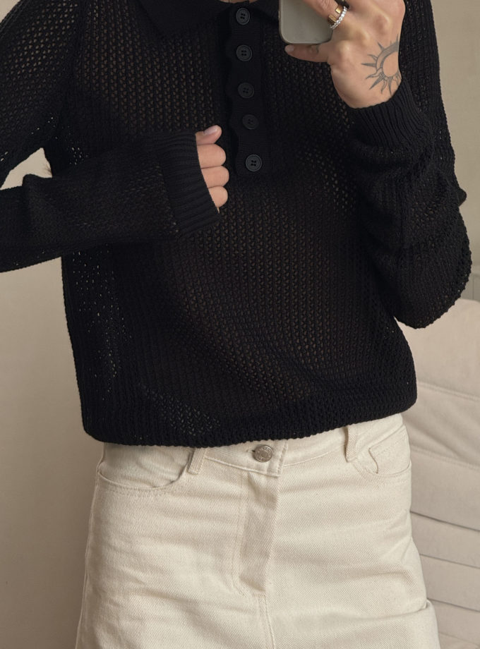 Трикотажний джемпер поло з ажурною вʼязкою чорний THE LACE (TLA_00003455)