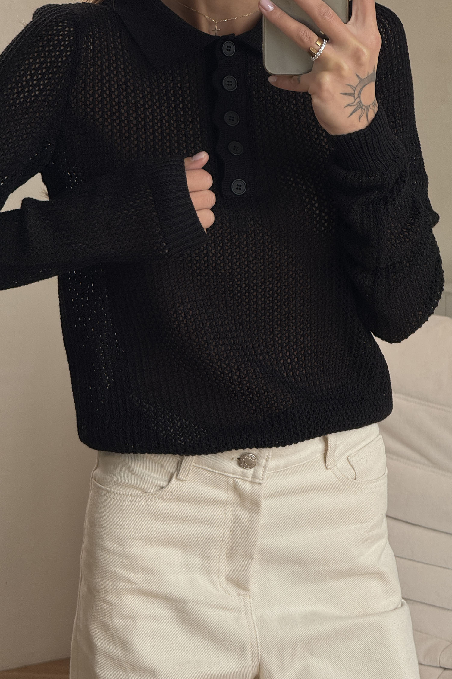 00003455-2 Трикотажний джемпер поло з ажурною вʼязкою чорний THE LACE (TLA_00003455) - фото 2