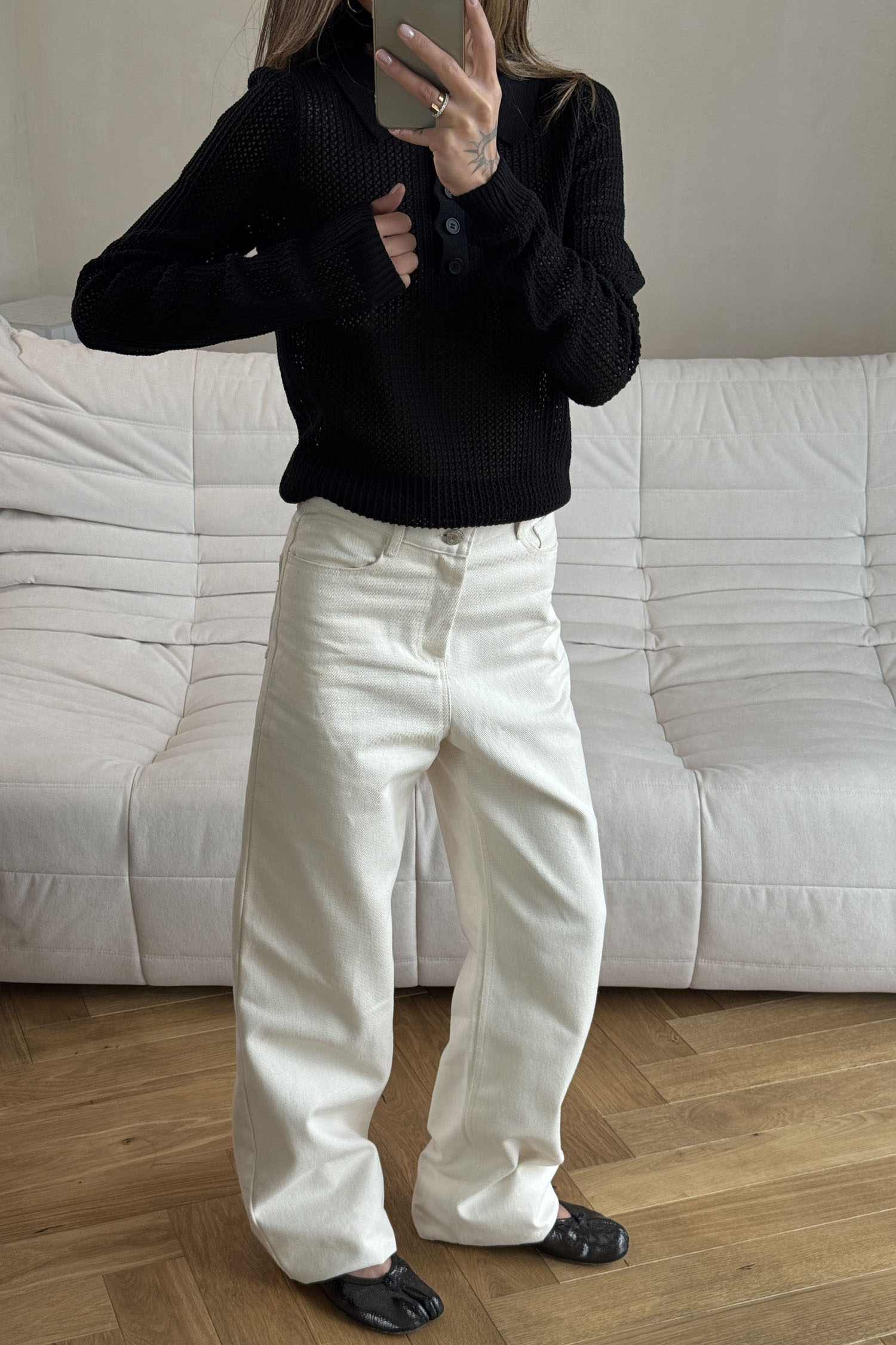 00003455-3 Трикотажний джемпер поло з ажурною вʼязкою чорний THE LACE (TLA_00003455) - фото 3