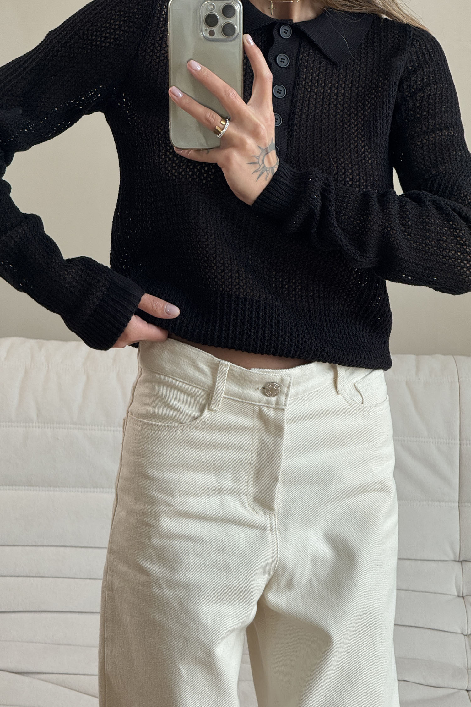 00003455-4 Трикотажний джемпер поло з ажурною вʼязкою чорний THE LACE (TLA_00003455) - фото 4