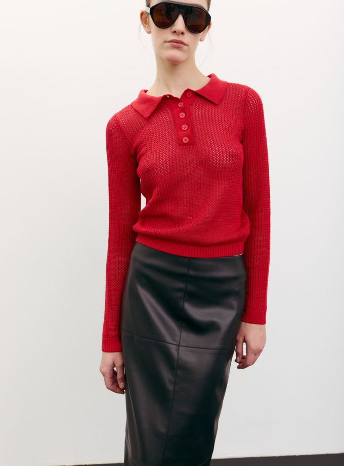 Трикотажний джемпер поло з ажурною вʼязкою червоний THE LACE (TLA_00003564)