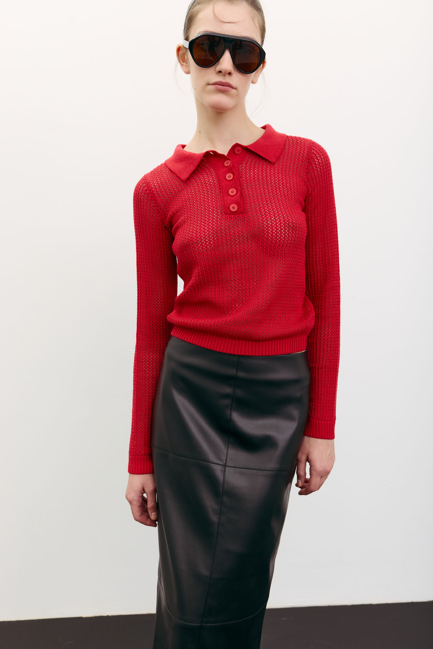 00003564-2 Трикотажний джемпер поло з ажурною вʼязкою червоний THE LACE (TLA_00003564) - фото 2