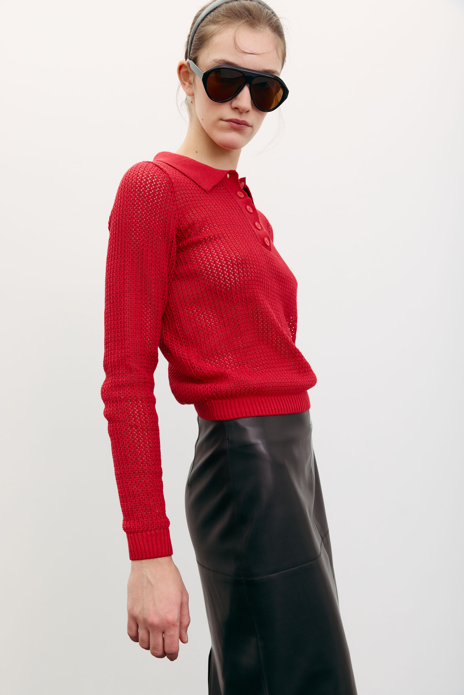 00003564-3 Трикотажний джемпер поло з ажурною вʼязкою червоний THE LACE (TLA_00003564) - фото 3