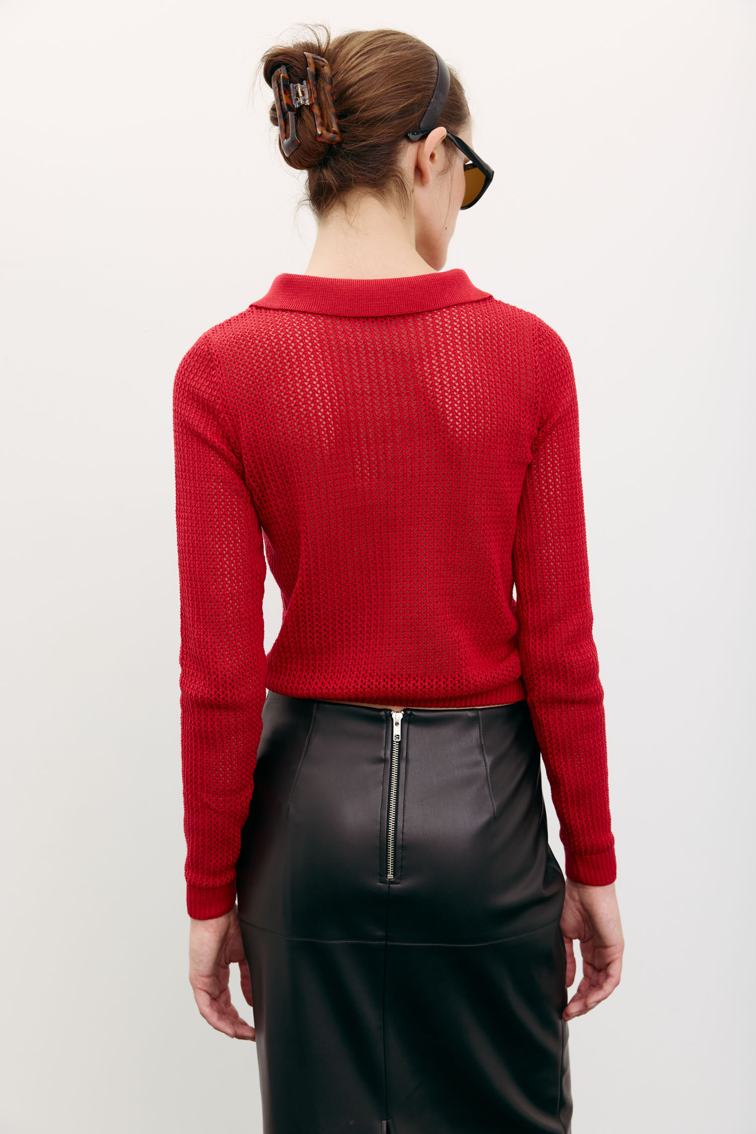 00003564-4 Трикотажний джемпер поло з ажурною вʼязкою червоний THE LACE (TLA_00003564) - фото 4