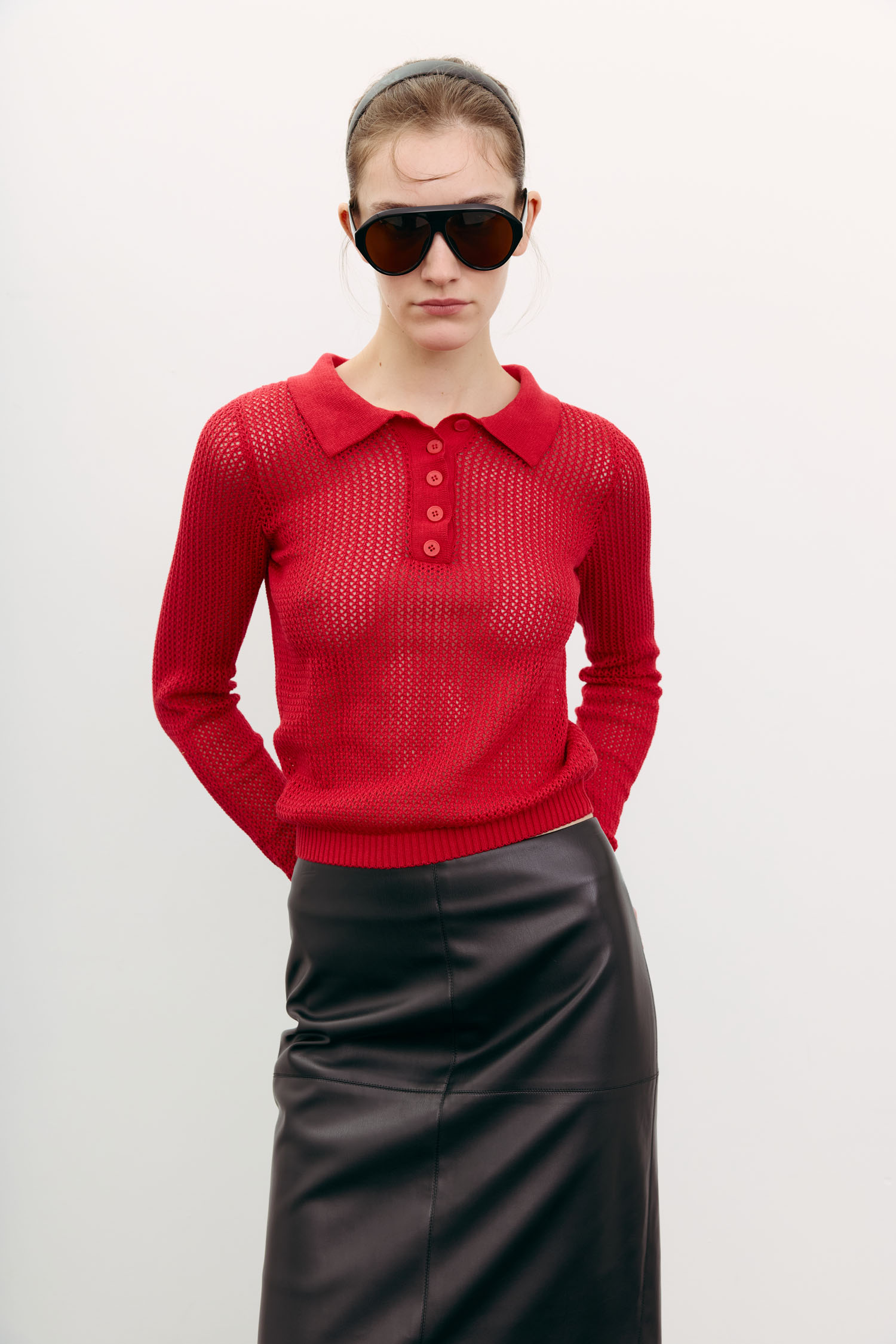 00003564-5 Трикотажний джемпер поло з ажурною вʼязкою червоний THE LACE (TLA_00003564) - фото 5