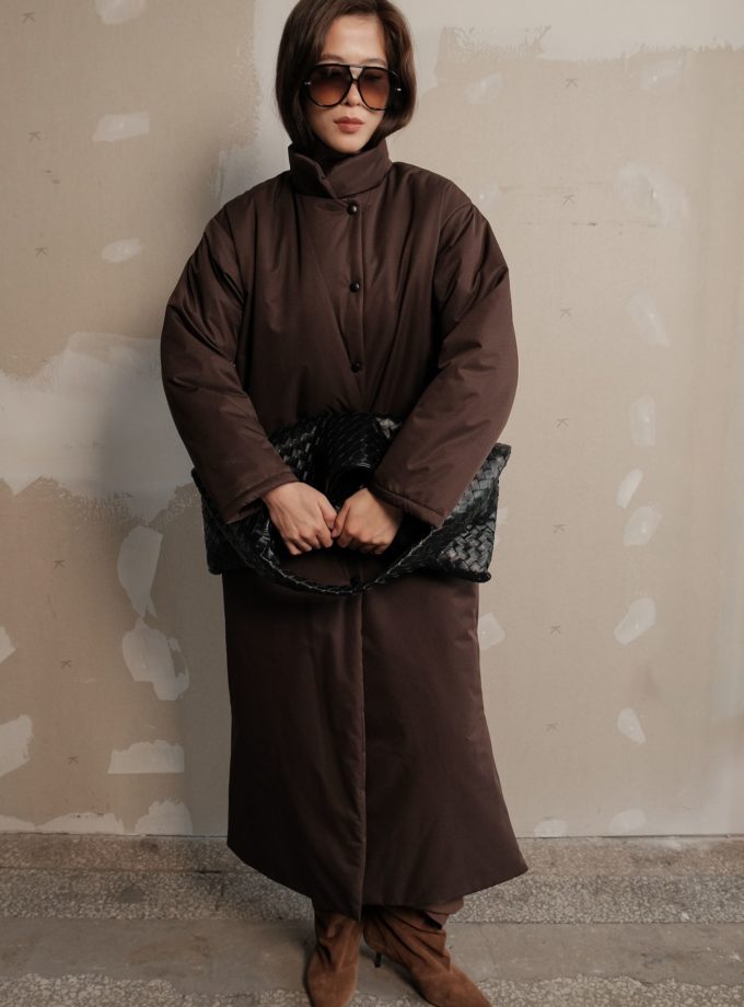 Куртка максі з поясом шоколадна TLA_00003628, фото 1 - в интернет магазине KAPSULA