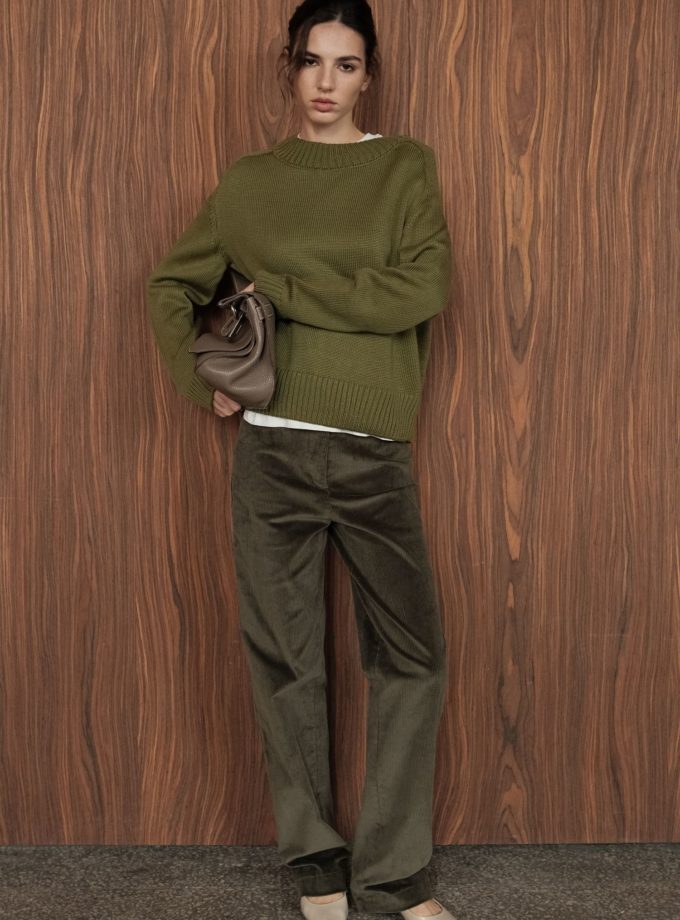 Брюки прямі з вельвету оливкові THE LACE (TLA_00003674)