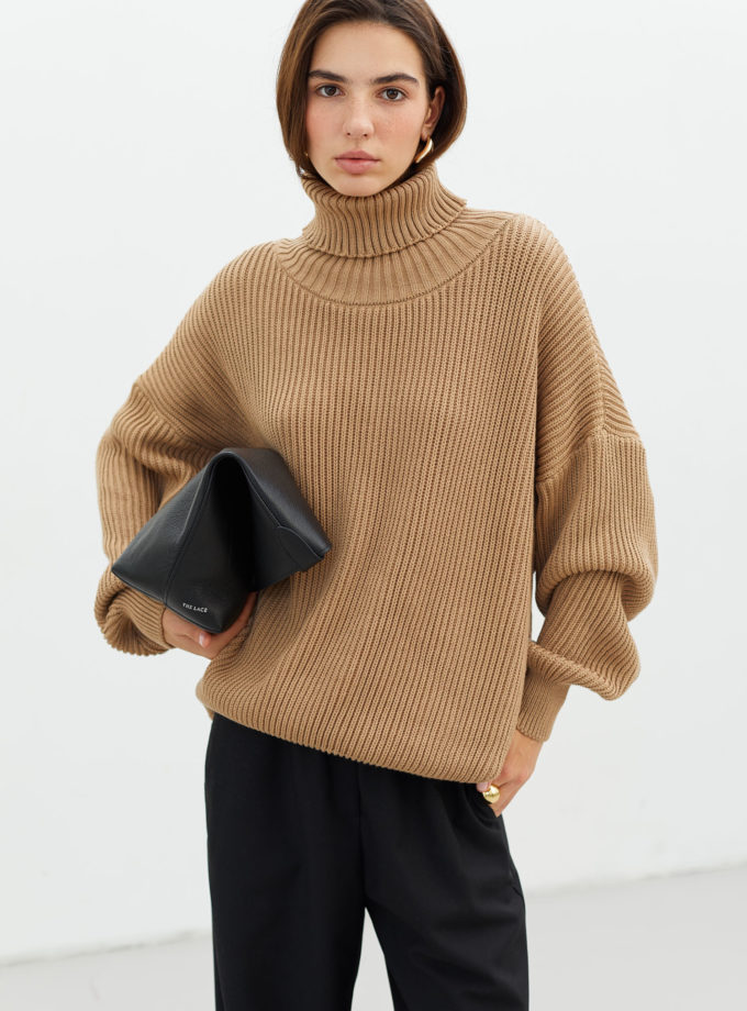 Трикотажний светр із об'ємними рукавами бежевий TLA_0068974, фото 1 - в интернет магазине KAPSULA
