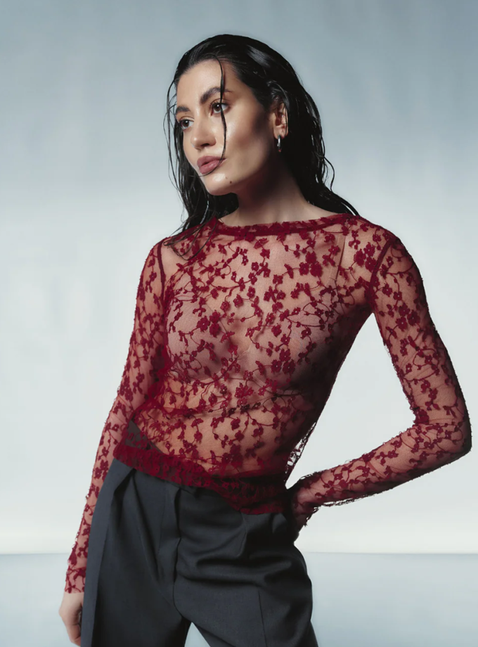 Червоний мереживний лонгслів Ambtn_32, фото 1 - в интернет магазине KAPSULA