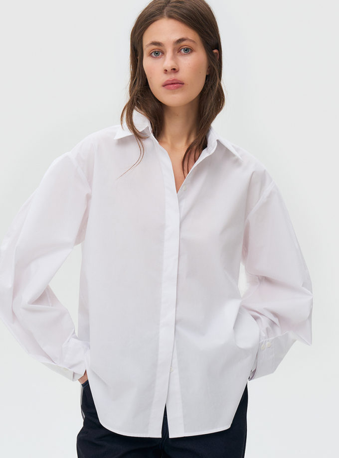 Сорочка з попліну із защипами на рукавах - біла WKMF_285_1, фото 1 - в интернет магазине KAPSULA