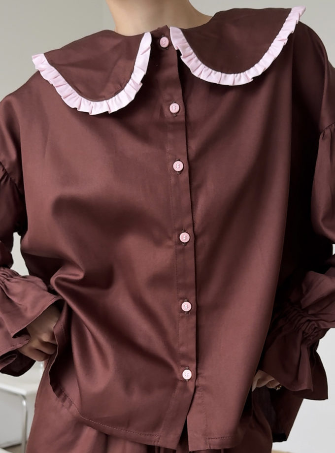 Сатинова піжама шоколадного кольору з рюшами BEDCLOZZZES (BEDCLZ_15690-1-2-3)