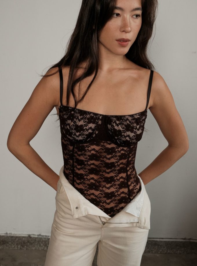 Боді на бретелях з гіпюру шоколадне THE LACE (TLA_00003660)